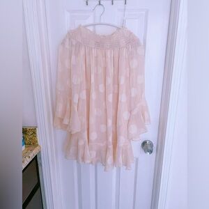 Babydoll Knit Smocked‎ Off Shoulder Blouse Flare Sleeve Peach 8